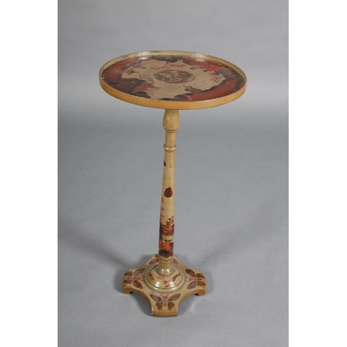 337 - AN EARLY 20TH CENTURY CHINOISERIE LACQUERED TABLE, circular with galleried rim, on tapered and round... 