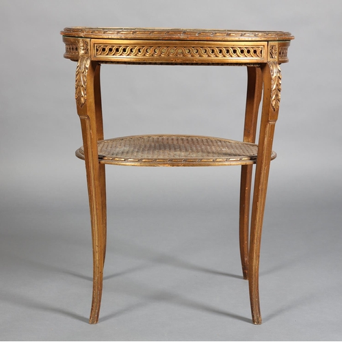 358 - A FRENCH GILTWOOD BIJOUTERIE TABLE, oval, the lift off glazed top with gilt metal beading and carved... 