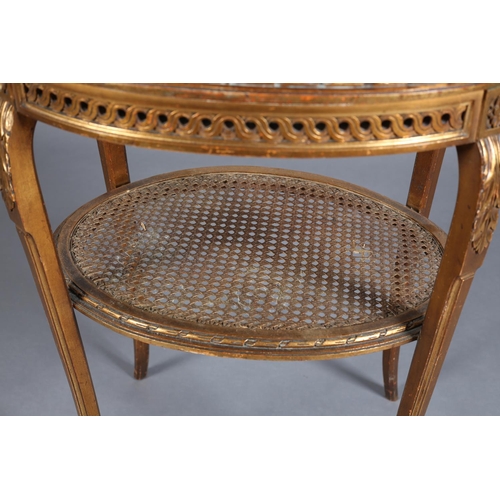 358 - A FRENCH GILTWOOD BIJOUTERIE TABLE, oval, the lift off glazed top with gilt metal beading and carved... 