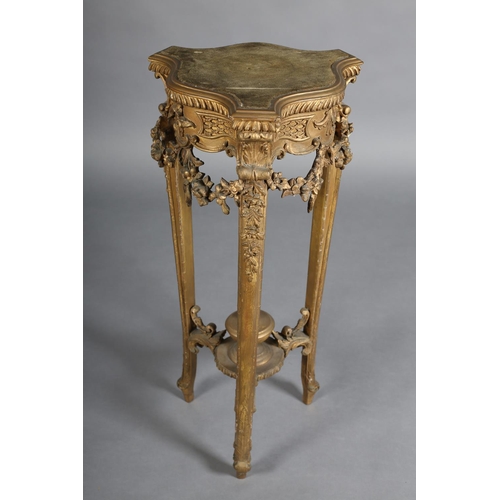 359 - A LATE 19TH CENTURY GILTWOOD AND GESSO URN STAND of serpentine tripod outline with gadroon rim, velv... 