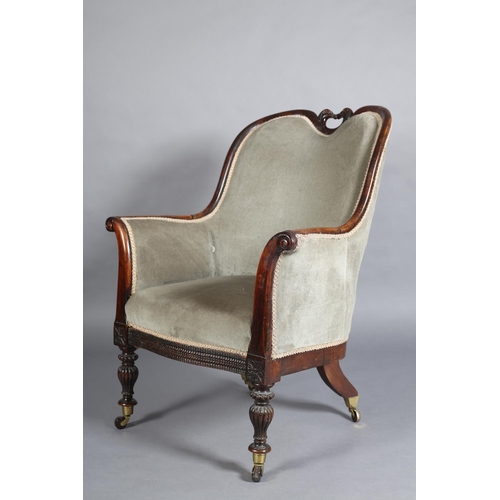 364 - A LATE WILLIAM IV ROSEWOOD ARMCHAIR having an encircling frame with opposing birds' head cresting, o... 