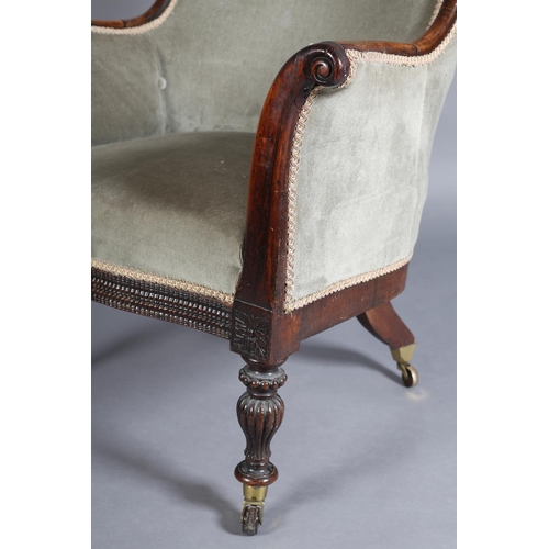 364 - A LATE WILLIAM IV ROSEWOOD ARMCHAIR having an encircling frame with opposing birds' head cresting, o... 