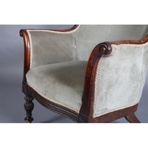 364 - A LATE WILLIAM IV ROSEWOOD ARMCHAIR having an encircling frame with opposing birds' head cresting, o... 