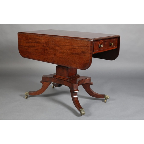 365 - A LATE REGENCY MAHOGANY AND EBONY LINE INLAID PEMBROKE TABLE having twin rectangular drop leave with... 