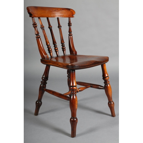 383 - A 19TH CENTURY YEW-WOOD AND ELM COUNTRY CHAIR, the curved top rail above a triple spindle back, sadd... 