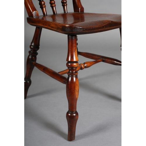 383 - A 19TH CENTURY YEW-WOOD AND ELM COUNTRY CHAIR, the curved top rail above a triple spindle back, sadd... 