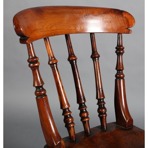 383 - A 19TH CENTURY YEW-WOOD AND ELM COUNTRY CHAIR, the curved top rail above a triple spindle back, sadd... 