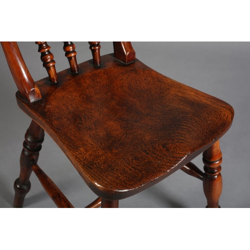 383 - A 19TH CENTURY YEW-WOOD AND ELM COUNTRY CHAIR, the curved top rail above a triple spindle back, sadd... 