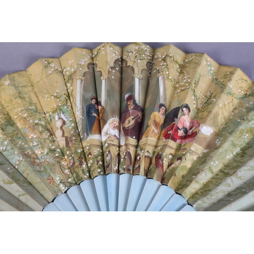 4 - “Tatters, Nov 1884”: A charming large late 19th century silk-leafed fan, the bone monture painted a ... 