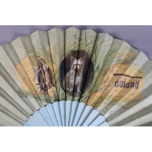 4 - “Tatters, Nov 1884”: A charming large late 19th century silk-leafed fan, the bone monture painted a ... 