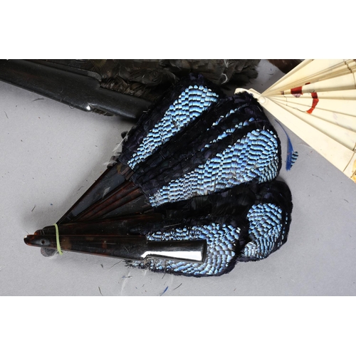 47 - Five feather fans: a small, shaped, Jay feather fan mounted on tortoiseshell, overall height approx.... 