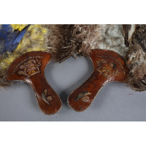 49 - A pair of native North American Indian fixed fans, each applied with feathers and birds, the handles... 