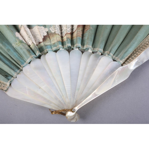 5 - A large c 1890’s folding fan, the monture a mix of bone to the guards and pierced metal to the gorge... 