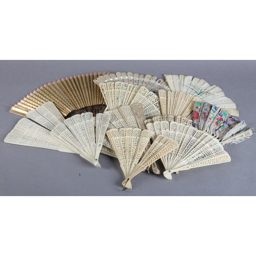 56 - A Chinese folding fan, the monture of bone and tortoiseshell, the paper leaf with gold background, t... 