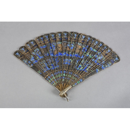 59 - A Canton Chinese filagree silver-gilt metal and enamel brisé fan, c 1830, the design of buildings fl... 