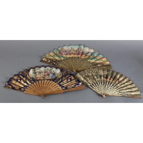 6 - Two mid-19th century fans, and one earlier, the first with pale horn monture, carved, pierced and gi... 