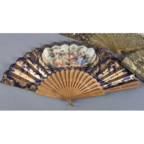 6 - Two mid-19th century fans, and one earlier, the first with pale horn monture, carved, pierced and gi... 