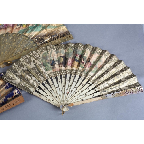 6 - Two mid-19th century fans, and one earlier, the first with pale horn monture, carved, pierced and gi... 