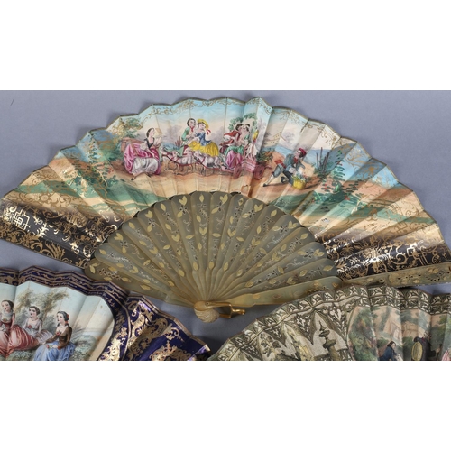 6 - Two mid-19th century fans, and one earlier, the first with pale horn monture, carved, pierced and gi... 