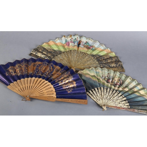 6 - Two mid-19th century fans, and one earlier, the first with pale horn monture, carved, pierced and gi... 