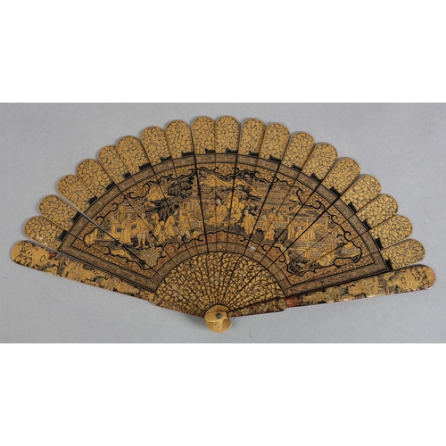 60 - A Chinese lacquer brisé fan, Qing dynasty, nineteen inner sticks and two guards, the black lacquer d... 