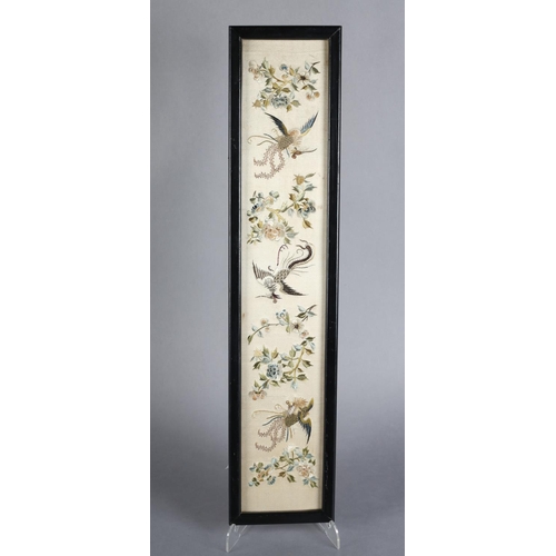 61 - A 19th century Chinese silk embroidered panel, Qing Dynasty, dark cream silk embroidered in subtle c... 