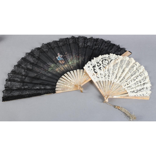 8 - A small Brussels mixed lace fan of fontange form, the leaf mounted on pink mother of pearl, a centra... 