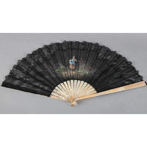 8 - A small Brussels mixed lace fan of fontange form, the leaf mounted on pink mother of pearl, a centra... 