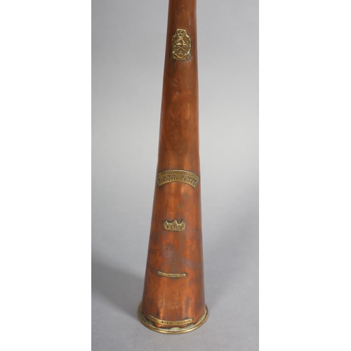 95 - A MID 19TH CENTURY COPPER COACHING HORN, applied with brass labels embossed with Grand Hotel, Januar... 