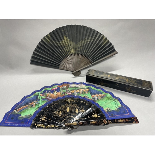 54 - A mid-19th century Chinese Mandarin fan, the monture lacquered in black and painted in gold, the dou... 