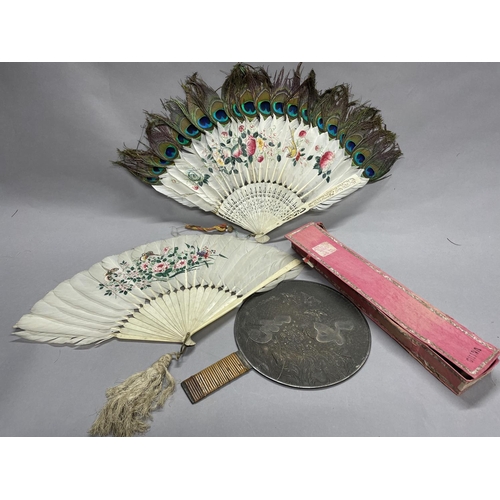 55 - Chinese fans: a bone and peacock feather /painted goose feather fan, Qing Dynasty, benefitting from ... 