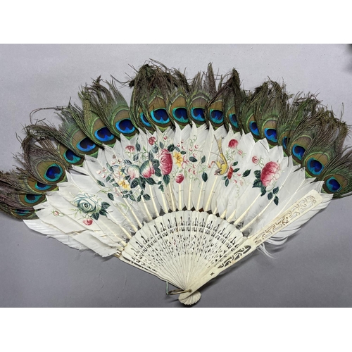 55 - Chinese fans: a bone and peacock feather /painted goose feather fan, Qing Dynasty, benefitting from ... 