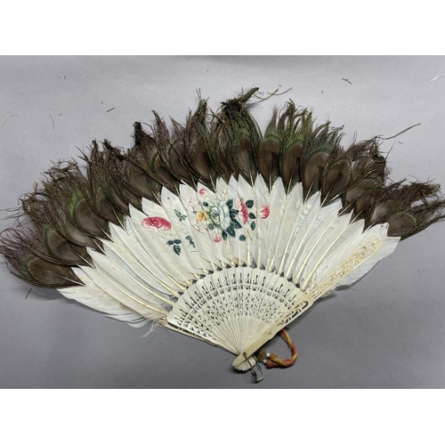 55 - Chinese fans: a bone and peacock feather /painted goose feather fan, Qing Dynasty, benefitting from ... 