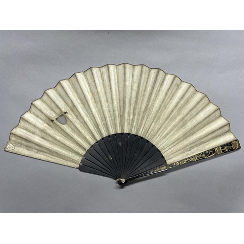 57 - A very unusual possibly 18th century Chinese folding paper fan, the double leaf mounted on wood stic... 