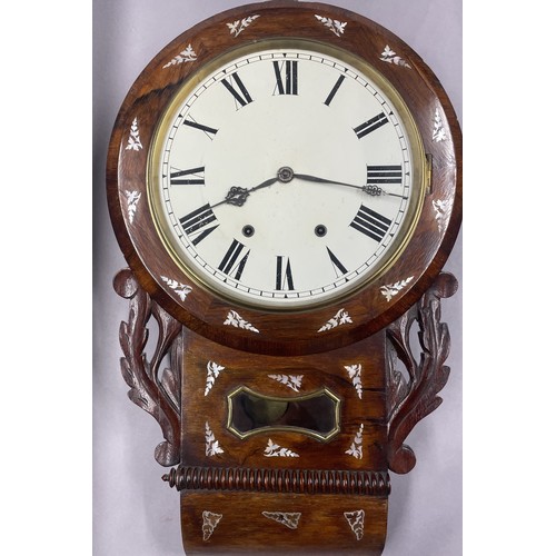 141 - A 19TH CENTURY ROSEWOOD AND MOTHER-OF-PEARL INLAID DROP DIAL WALL CLOCK, having a white painted dial... 