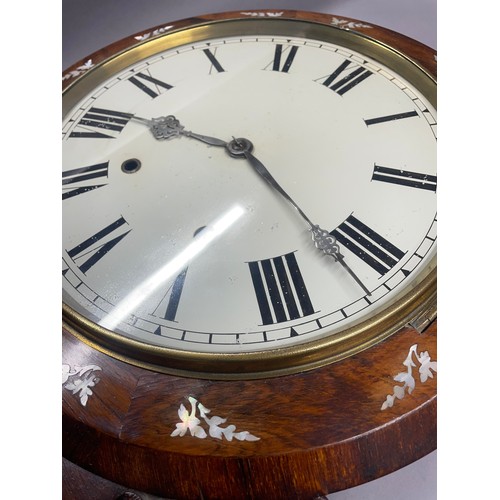 141 - A 19TH CENTURY ROSEWOOD AND MOTHER-OF-PEARL INLAID DROP DIAL WALL CLOCK, having a white painted dial... 