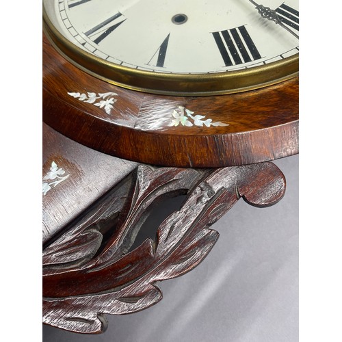 141 - A 19TH CENTURY ROSEWOOD AND MOTHER-OF-PEARL INLAID DROP DIAL WALL CLOCK, having a white painted dial... 