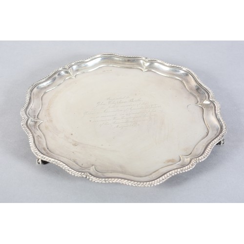 228B - A GEORGE V SILVER TRAY SHEFFIELD 1927 by Walker and Hall, of circular serpentine outline with gadroo... 