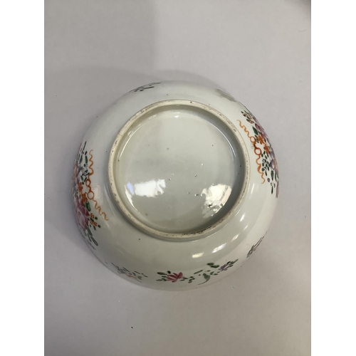 28 - A 19th century Chinese famille rose bowl, the exterior painted with sprays of flowers, a pink diaper... 