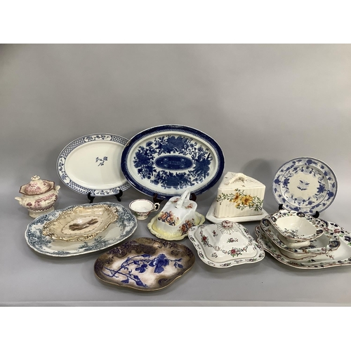 102 - Victorian and later table ware including a blue and white pearl ware meat dish  (chip to the edge), ... 