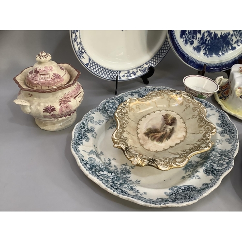 102 - Victorian and later table ware including a blue and white pearl ware meat dish  (chip to the edge), ... 