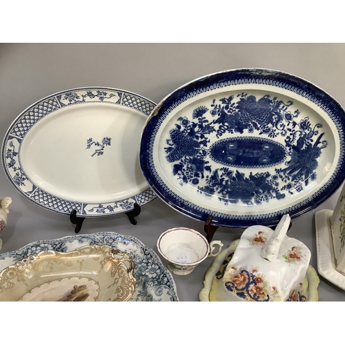 102 - Victorian and later table ware including a blue and white pearl ware meat dish  (chip to the edge), ... 