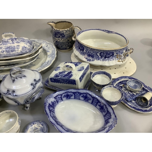 111 - An Asiatic blue and white printed meat dish, three serving bowls and one cover, other blue and white... 