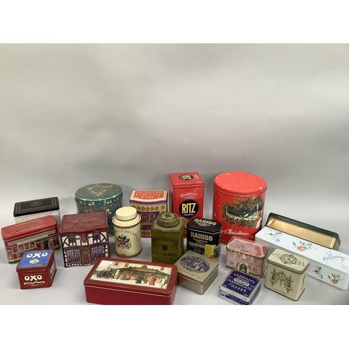 108 - A quantity of vintage and later printed tins including Rington's Tea, Farrah's Toffee, Oxo, Fortnum ... 