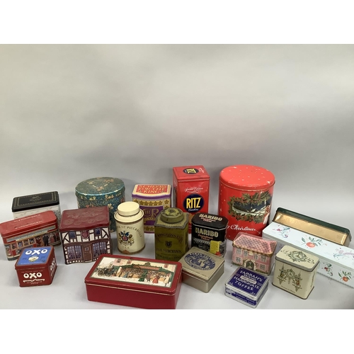 108 - A quantity of vintage and later printed tins including Rington's Tea, Farrah's Toffee, Oxo, Fortnum ... 