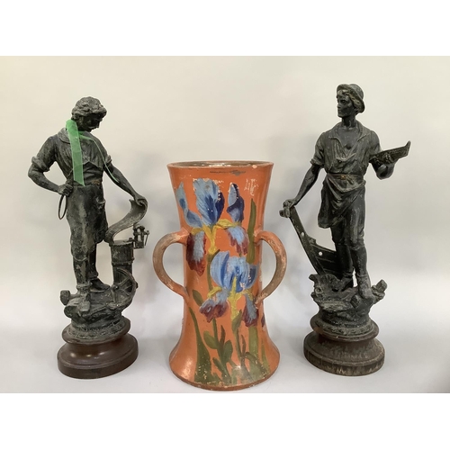 114 - Two late 19th century spelter figures of a boat builder and a blacksmith on turned wooden socles, ap... 