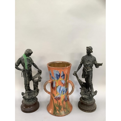 114 - Two late 19th century spelter figures of a boat builder and a blacksmith on turned wooden socles, ap... 