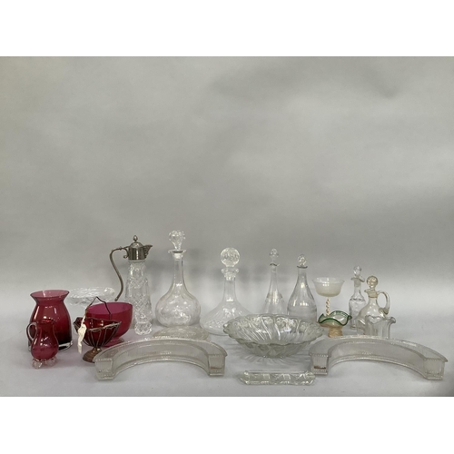 103 - Cranberry and clear glass ware including sugar bowl on pedestal foot, sugar basket in silver plated ... 