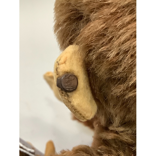 59 - A Steiff monkey with brown fur, pink face and paws, label to ear, worn condition