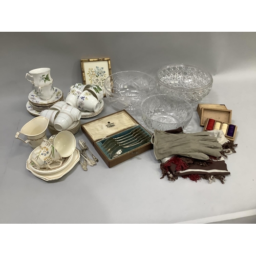 94 - A collection of tea ware including Paragon, silver plated spoons, two sets of counters in boxes, sil... 